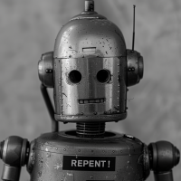 A gray, weathered robot with antennas stands against a blurred background, with the word REPENT! displayed on its chest.