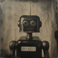 A vintage-style robot with a stern expression and an antenna on its head, displaying a sign that reads REPENT!