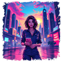 A confident young woman stands in a vibrant cityscape at sunset, holding a smartphone. Neon signs reflect the idea of daily habits shaping success.