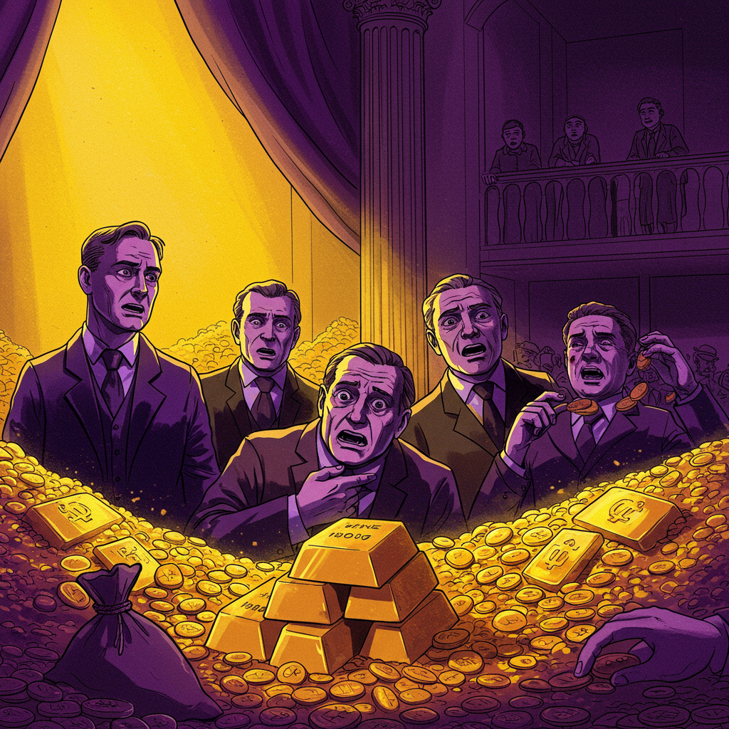 Illustration depicting five men in suits, surrounded by a pile of gold and coins, expressing shock and anxiety, reflecting the quote about the overwhelming power of money and gold over men.