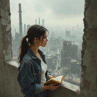 A woman stands in a ruined building, gazing out at a desolate industrial landscape, holding an open book, reflecting on the impact of today's actions on future generations.