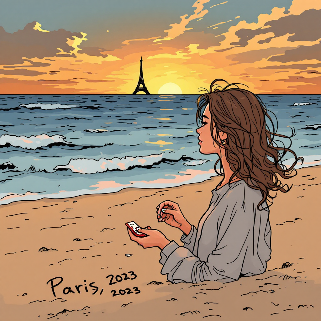 A woman sits on a beach in Paris at sunset, gazing thoughtfully at the ocean, with the Eiffel Tower silhouetted against the vibrant sky, reflecting on unfulfilled desires.