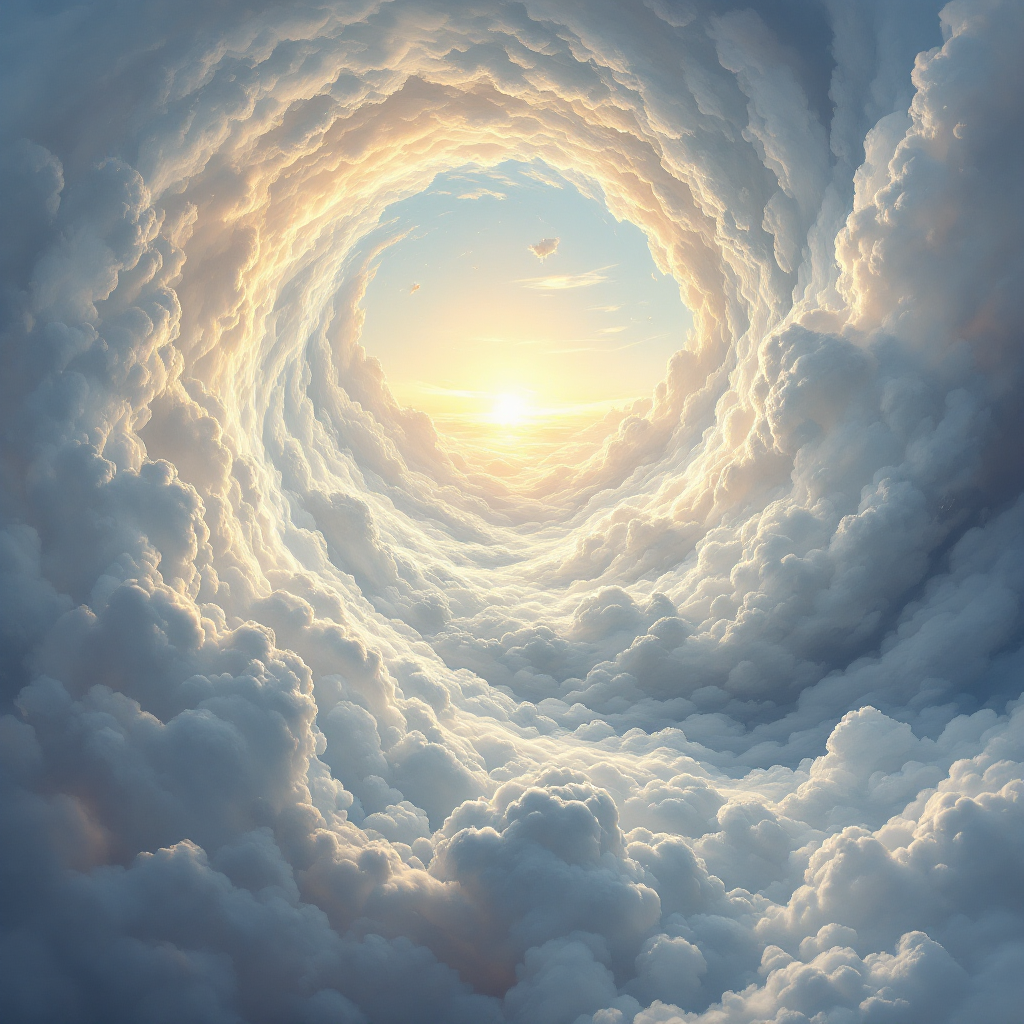 A swirling vortex of soft clouds encircles a bright sunrise, symbolizing resilience and the indomitable spirit of life, echoing the quote about life's tenacity.