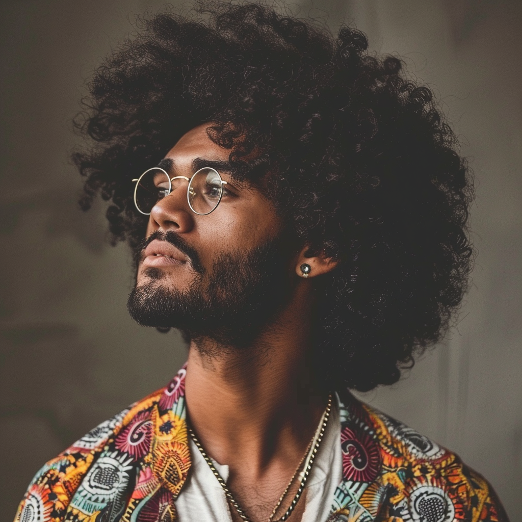 Photo of a young man with a large Afro and glasses, wearing a vibrant, patterned jacket. He looks contemplative.