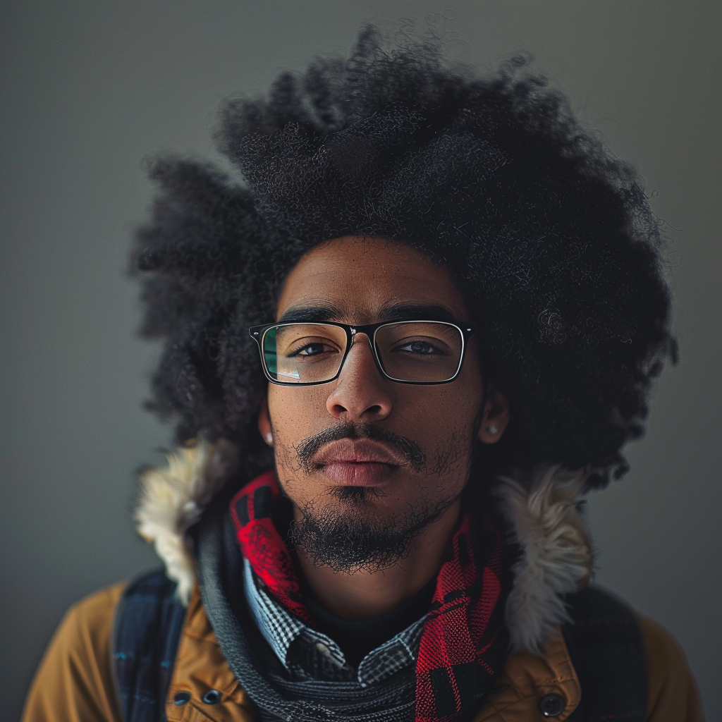 Portrait of a young man with glasses and a prominent Afro, wearing a yellow jacket and a red scarf, reflecting a scholarly appearance.