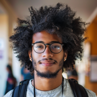 Portrait of a young man with a wild Afro hairstyle, wearing glasses, smiling, and carrying a backpack in a hallway.