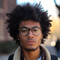 College-aged man with a wild Afro hairstyle, glasses, and a thoughtful expression, standing outdoors.