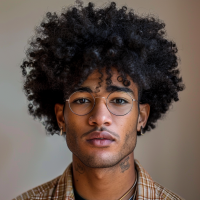 Portrait of a young man with glasses and a voluminous Afro, wearing a plaid shirt, embodying a college geek style.