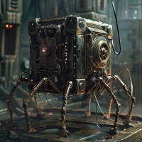 A mechanical, box-like creature with multiple spindly legs and various cables in a futuristic, industrial setting, inspired by the concept of a species without names relying on direct nerve impulse linkages.
