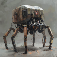 A weathered, mechanical creature with multiple legs and complex wiring represents the Prime immotile, which communicated through direct nerve impulse linkages rather than names.