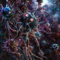 Abstract image depicting a network of colorful, intricate, ethereal creatures resembling neurons, inspired by a book quote about nameless Prime immotiles using direct nerve impulse linkages for communication.