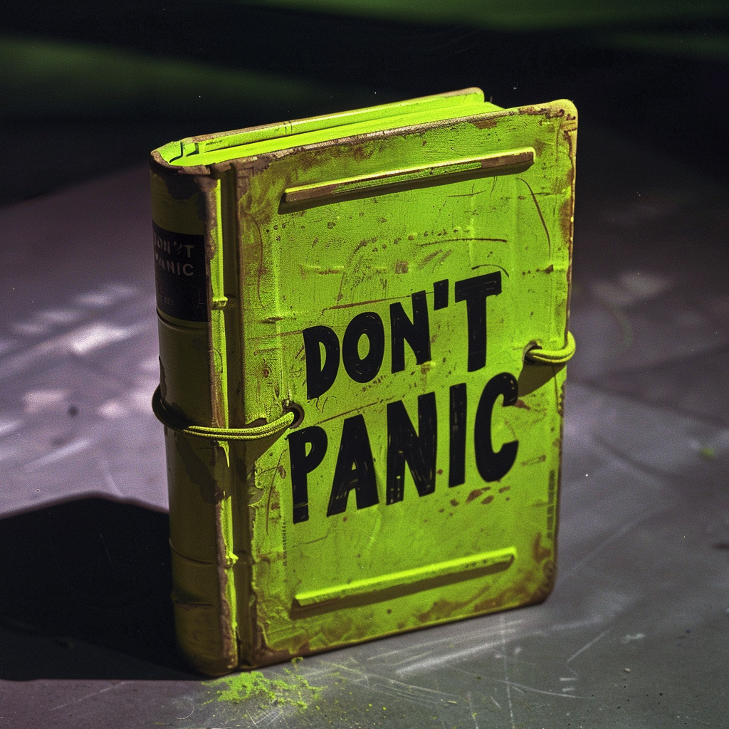 A vibrant green book with DON'T PANIC inscribed in bold, friendly letters on the cover, inspired by the quote from a book. The book is slightly weathered and secured with metal clasps.