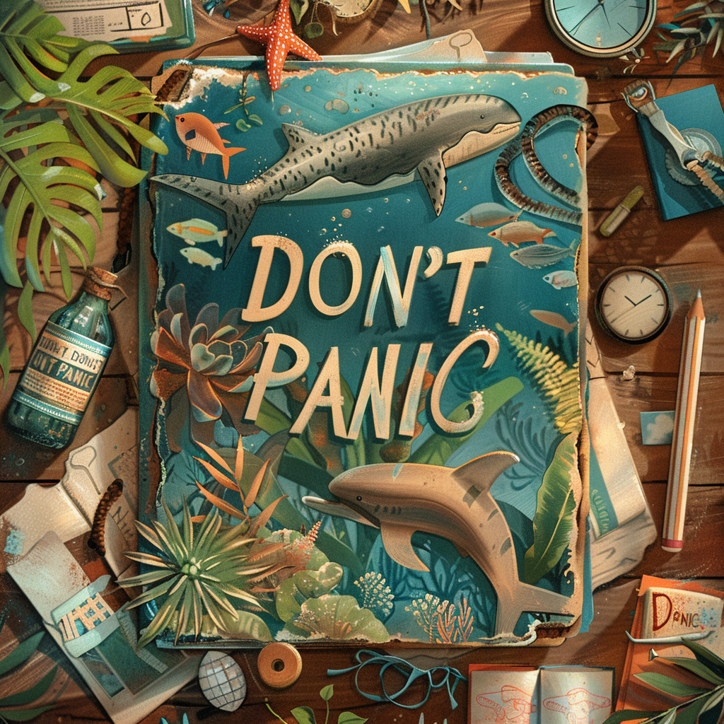 A book cover with DON'T PANIC inscribed in large friendly letters, surrounded by ocean-themed illustrations and various sea creatures.