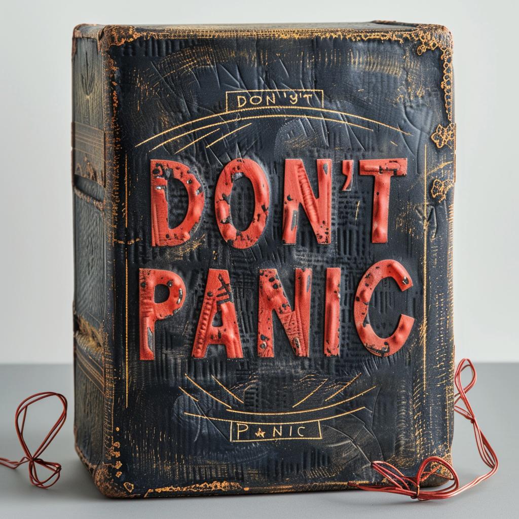 A book cover with a vintage, worn design features the words DON'T PANIC inscribed in large, friendly red letters.