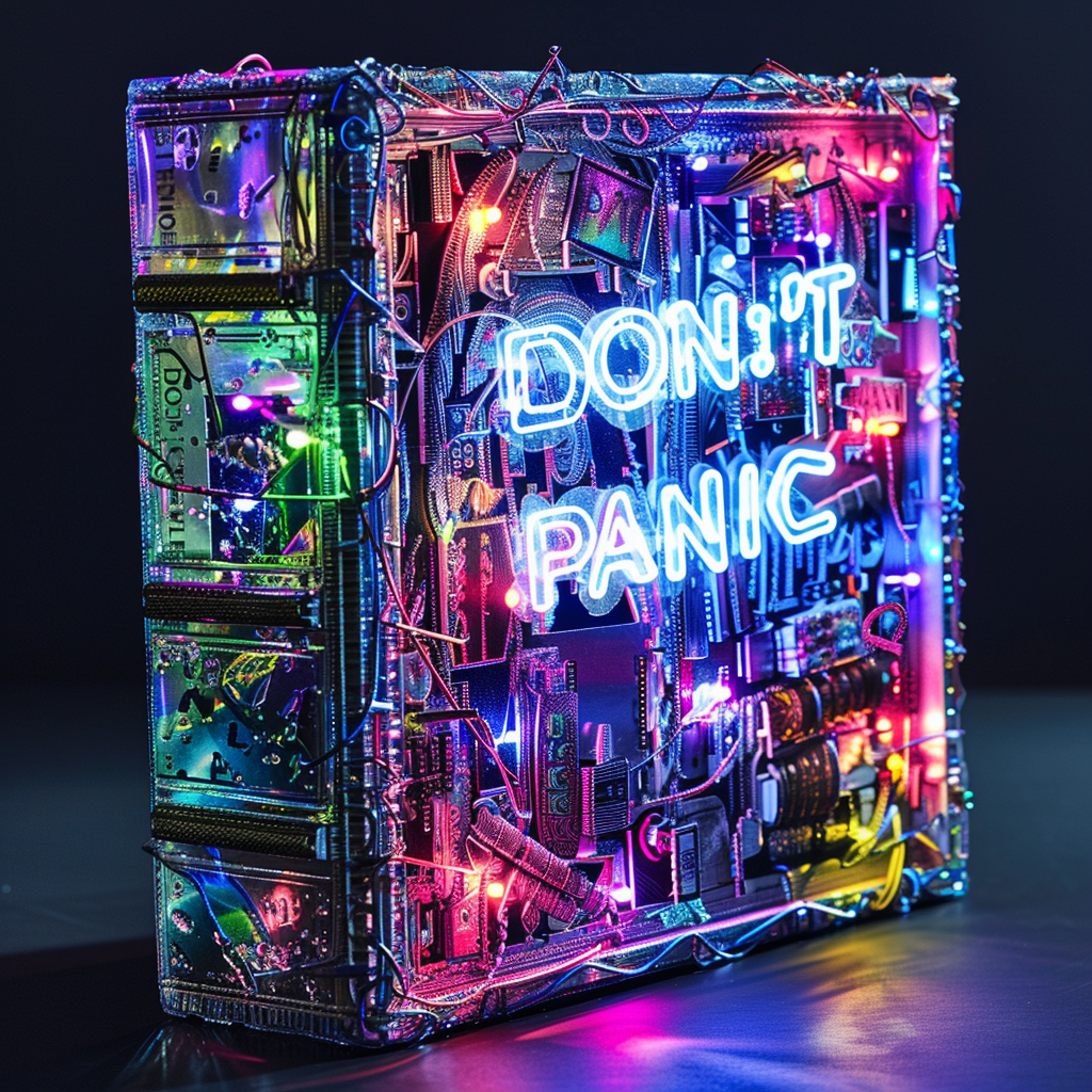 A vibrant, neon-lit cover with intricate circuitry and the words DON'T PANIC inscribed in large, friendly letters.