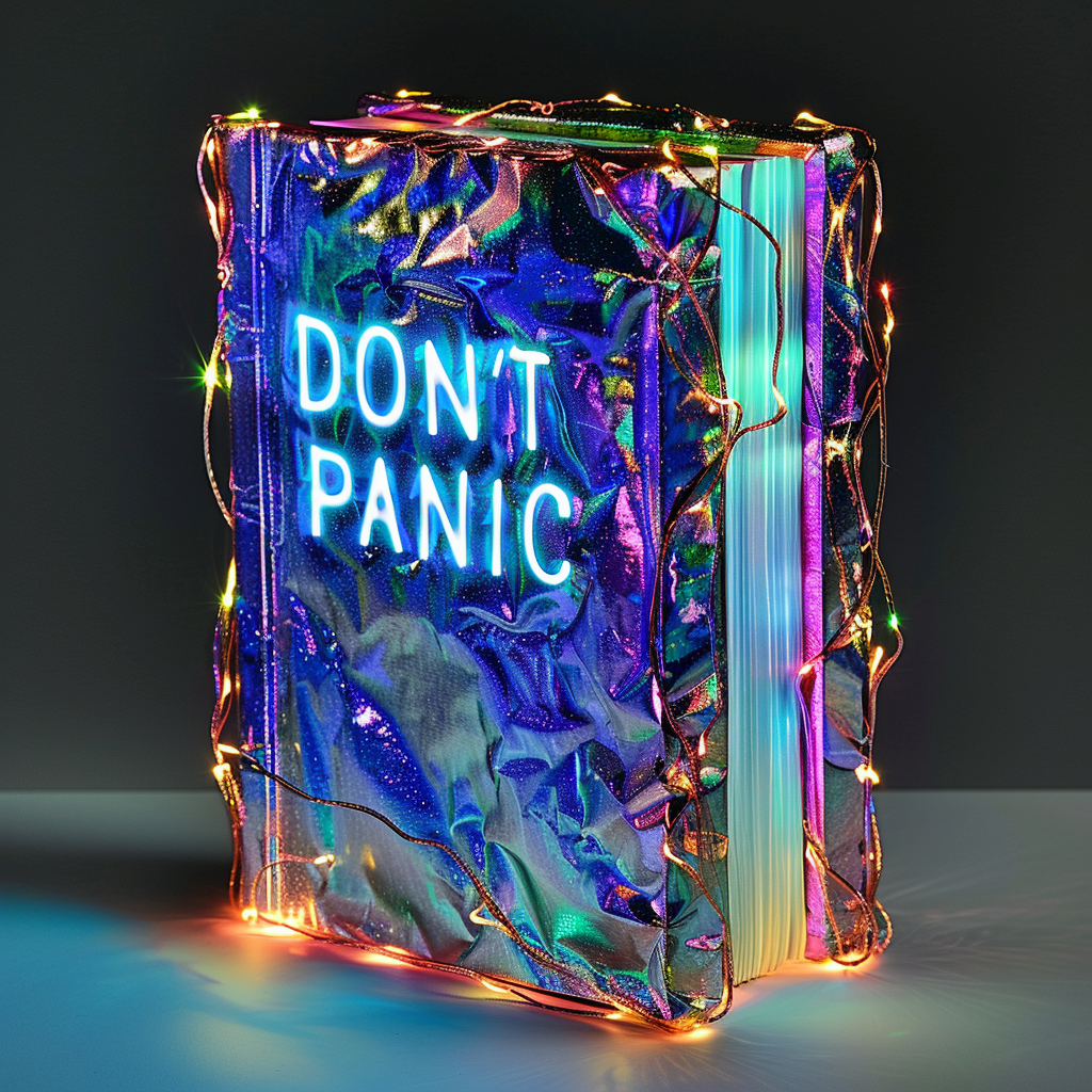 A book with the words “DON’T PANIC” inscribed in large friendly letters on its holographic cover, wrapped in colorful string lights.