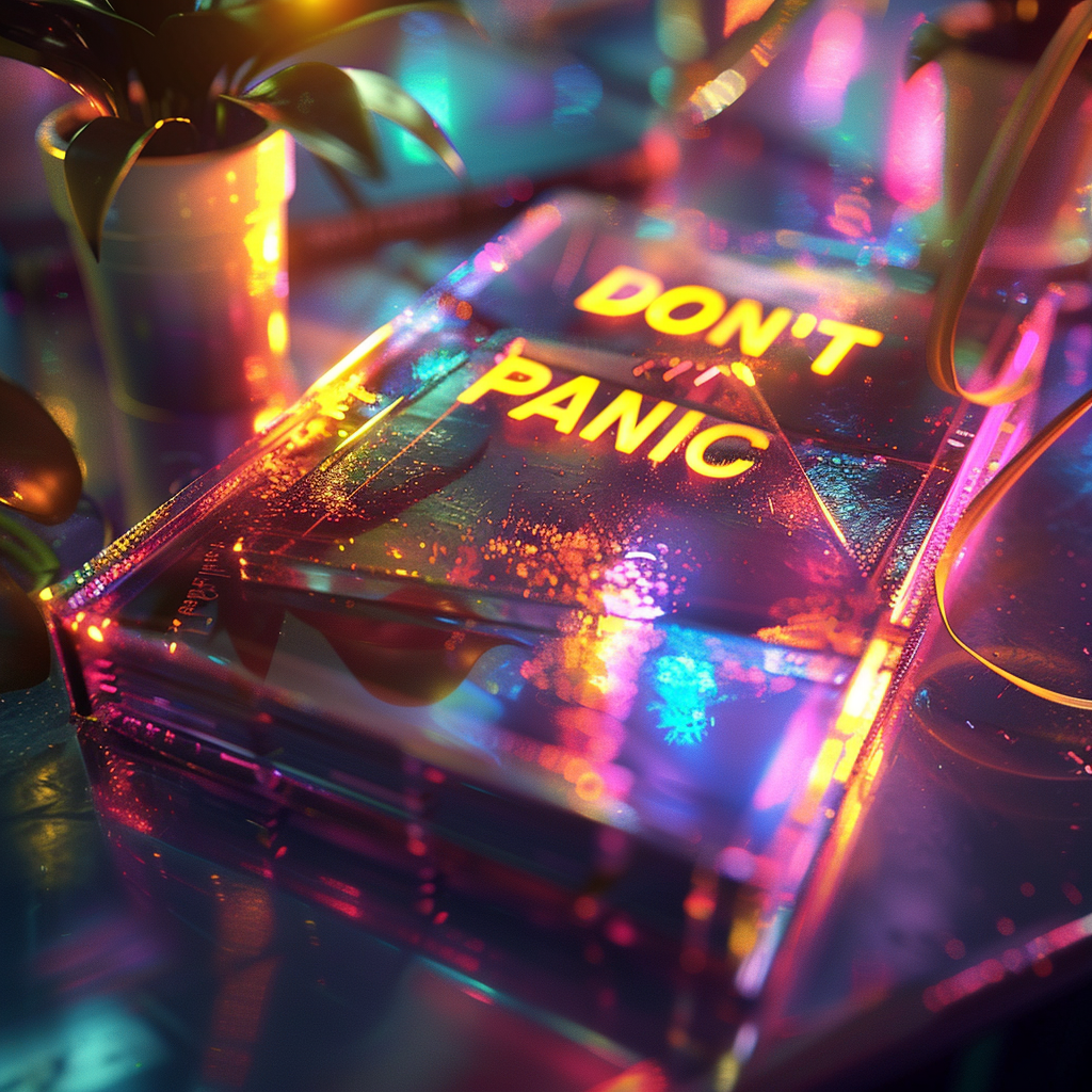 A glowing book with the inscription DON'T PANIC in large friendly letters on its cover, surrounded by colorful and vibrant lighting effects. Small plants are visible in the background.