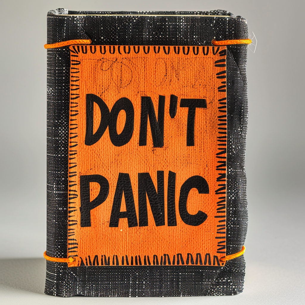 A book with a black and orange cover has the words DON'T PANIC inscribed in large friendly letters on it.