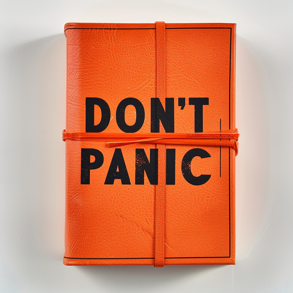 A bright orange book cover with the words DON'T PANIC inscribed in large, friendly letters, accompanied by a strap encircling the cover.