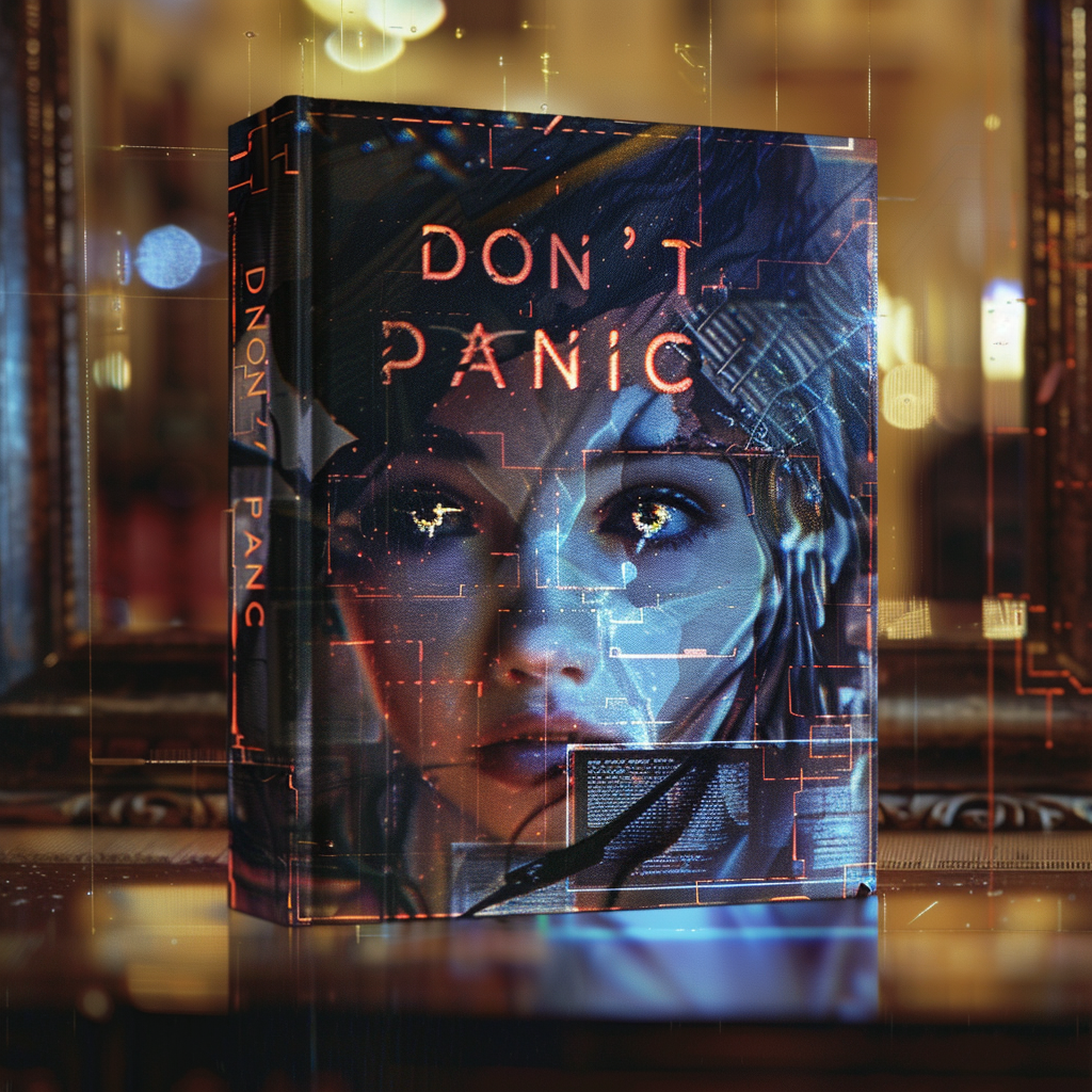 A close-up of a book with DON'T PANIC inscribed in large friendly letters on its cover, featuring a futuristic portrait of a woman's face against a glowing, digital background.