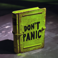 A vibrant green book with DON'T PANIC inscribed in bold, friendly letters on the cover, inspired by the quote from a book. The book is slightly weathered and secured with metal clasps.