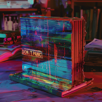 A vibrantly colored book with DON’T PANIC inscribed in large friendly letters on its cover sits on a desk amidst scattered papers and other books.