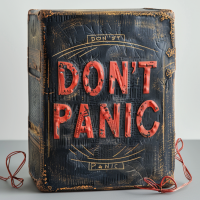 A book cover with a vintage, worn design features the words DON'T PANIC inscribed in large, friendly red letters.