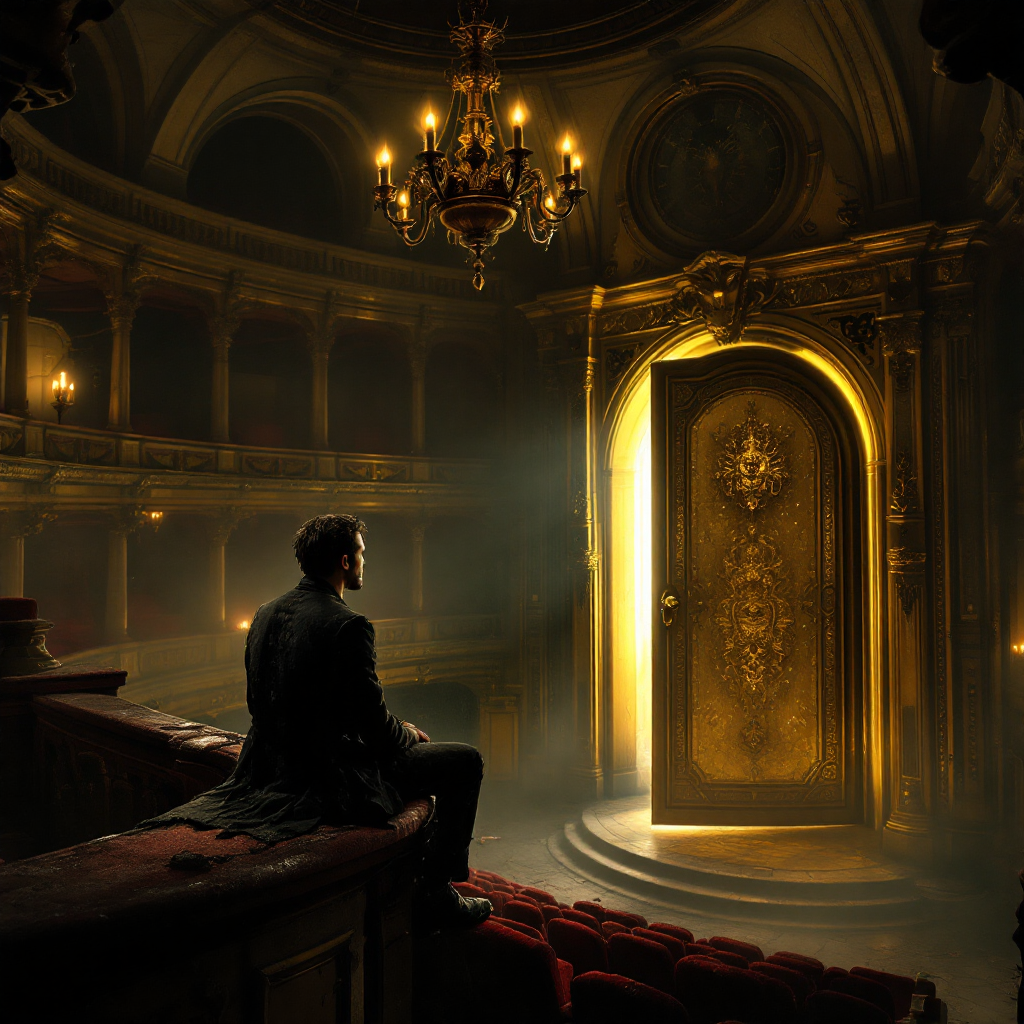 A lone figure sits in a grand, dimly lit theater, gazing at a majestic, ornate door bathed in golden light, capturing the profound influence of wealth and ambition over humanity.