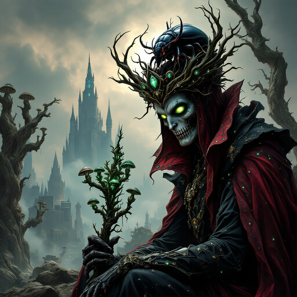 A skeletal figure draped in dark robes, adorned with twisted branches and glowing green eyes, sits holding a sprig, set against a haunting castle backdrop, embodying the warning against corrupted wealth.