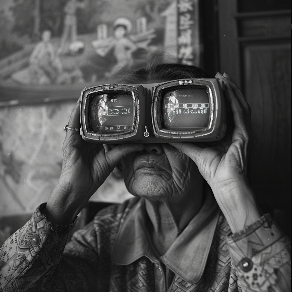 An elderly person peers through oversized, outdated digital goggles, reflecting a somber scene. This image was inspired by a book quote about people being mean and miserable, even with digital watches.