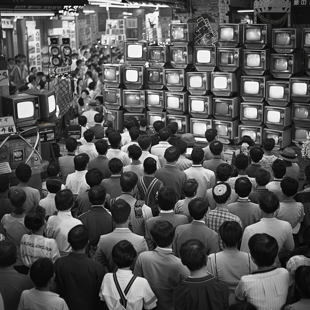 A crowd of people, appearing somber and packed closely together, watches a wall of old TV screens in a monochromatic setting, reminiscent of the quote describing mean and miserable individuals.