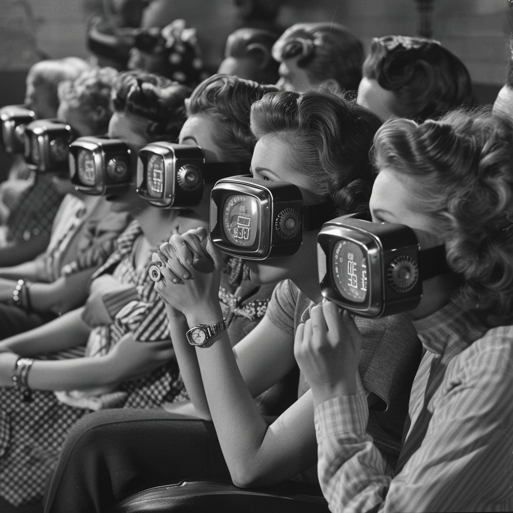 A black-and-white photo featuring a row of people with blank expressions, wearing retro-style virtual reality headsets, illustrating the quote about mean and miserable people, even those with digital watches.