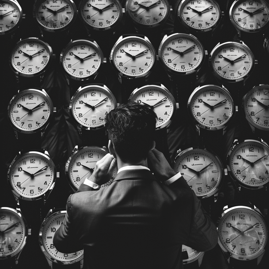 A man in a suit adjusts his tie in front of a wall covered with multiple clocks, reflecting the mood of people being mean and miserable, even those with digital watches, as described in the quote.