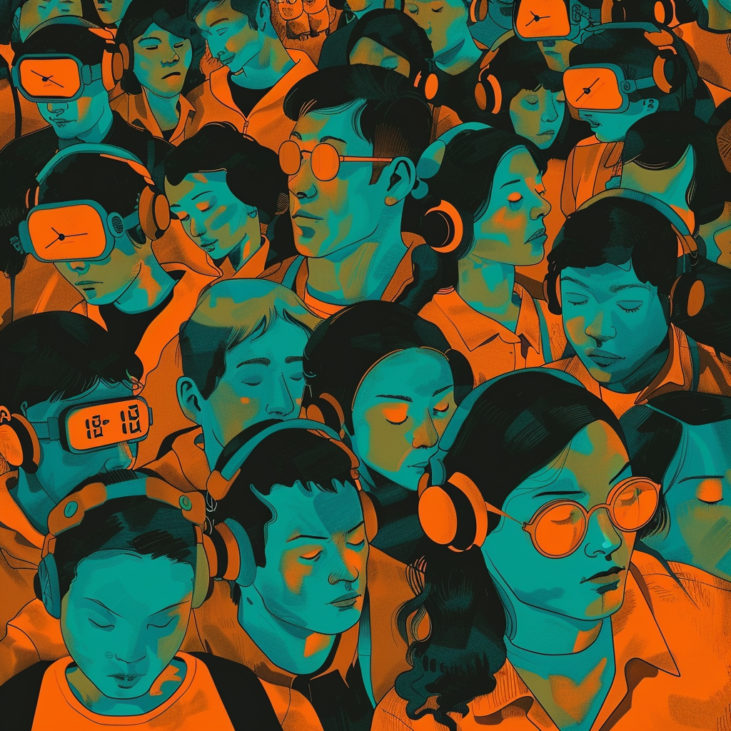 An abstract, stylized crowd of people, each wearing digital watches and headphones, captures a scene echoing the sentiment that people were mean and miserable, even with technology.