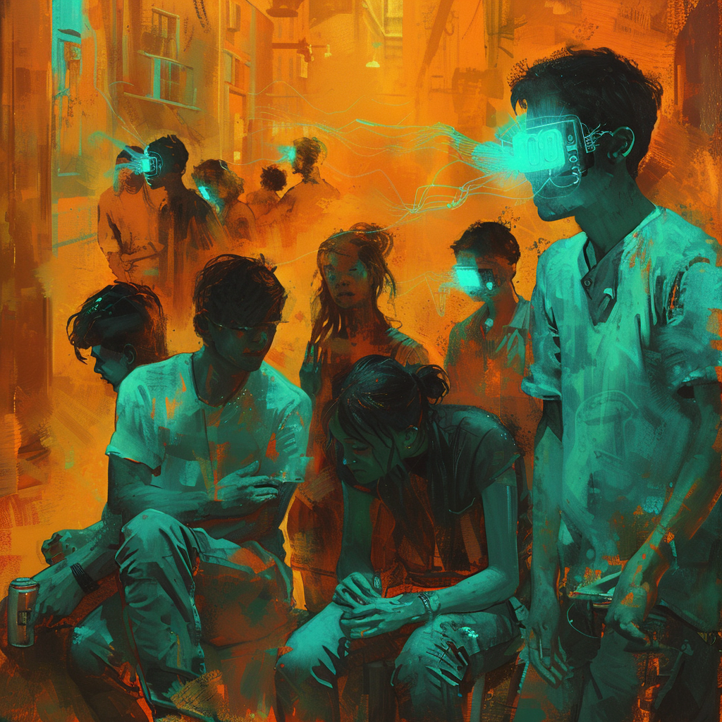 A group of people look somber and dejected, illuminated by glowing digital watches in an urban environment. The scene embodies the book quote describing mean and miserable individuals, even with modern gadgets.