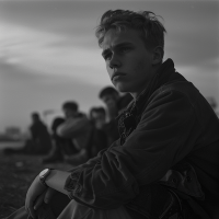 A somber young man wearing a digital watch sits pensively in the foreground, with other unfocused, dejected individuals in the background, reflecting a mood of misery and isolation.