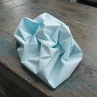 A wrinkled light blue paper object rests on a weathered wooden table, symbolizing the complex interplay between habits and their resulting outcomes.