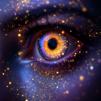 A close-up of an eye shimmering with vibrant colors and sparkles, the pupil glimmering as if filled with tiny diamonds, reflecting a mesmerizing, magical quality.