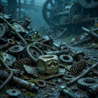 A worn, human-faced nut lies among rusty gears and springs in a dim, abandoned scrapyard, embodying a discarded part from a vast, forgotten machine.