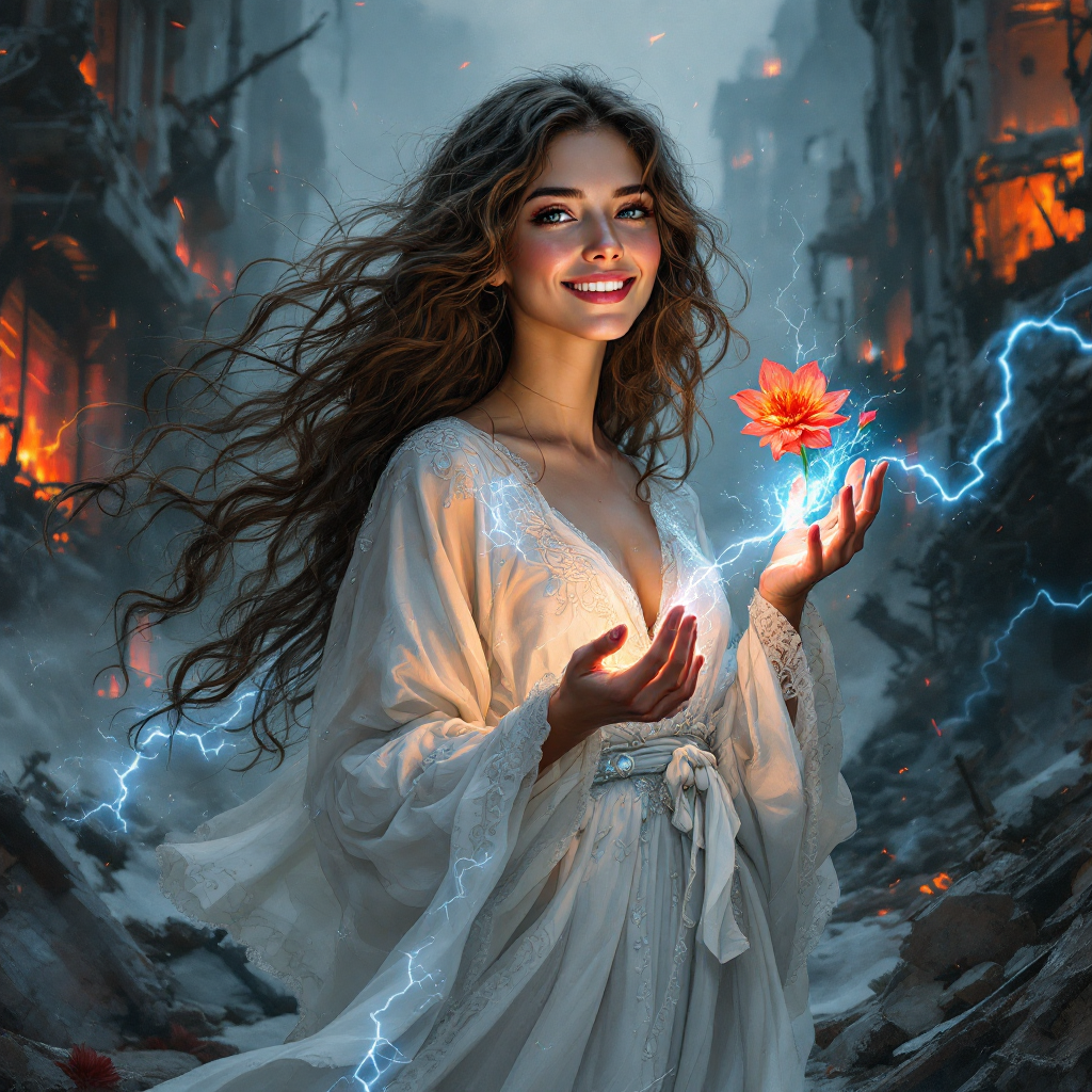 A woman in a flowing white robe stands amidst a chaotic, fiery landscape, holding a glowing flower and emanating a radiant smile, symbolizing love as a powerful force against turmoil.