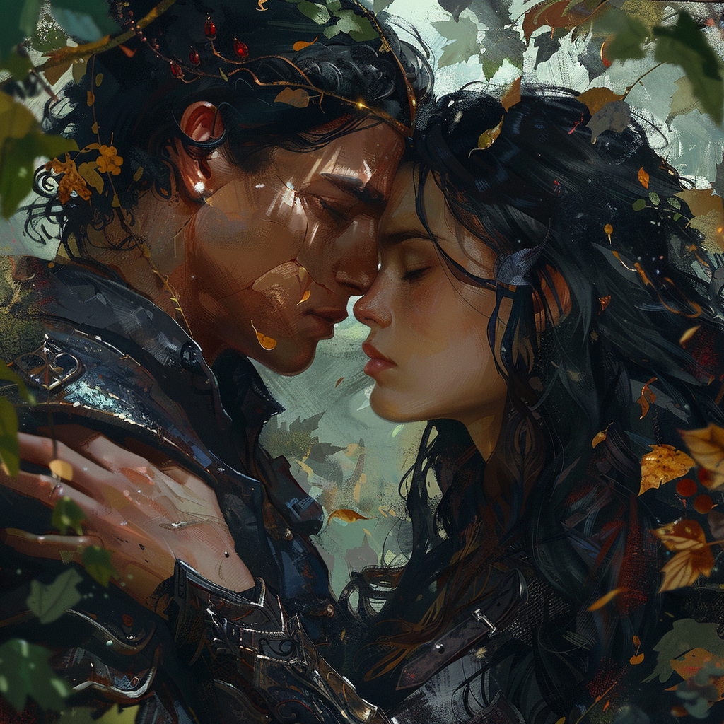 A digital painting of a close embrace between a man and a woman, surrounded by autumn leaves, conveying a deep, soulful connection reminiscent of the quote about kinship and love.