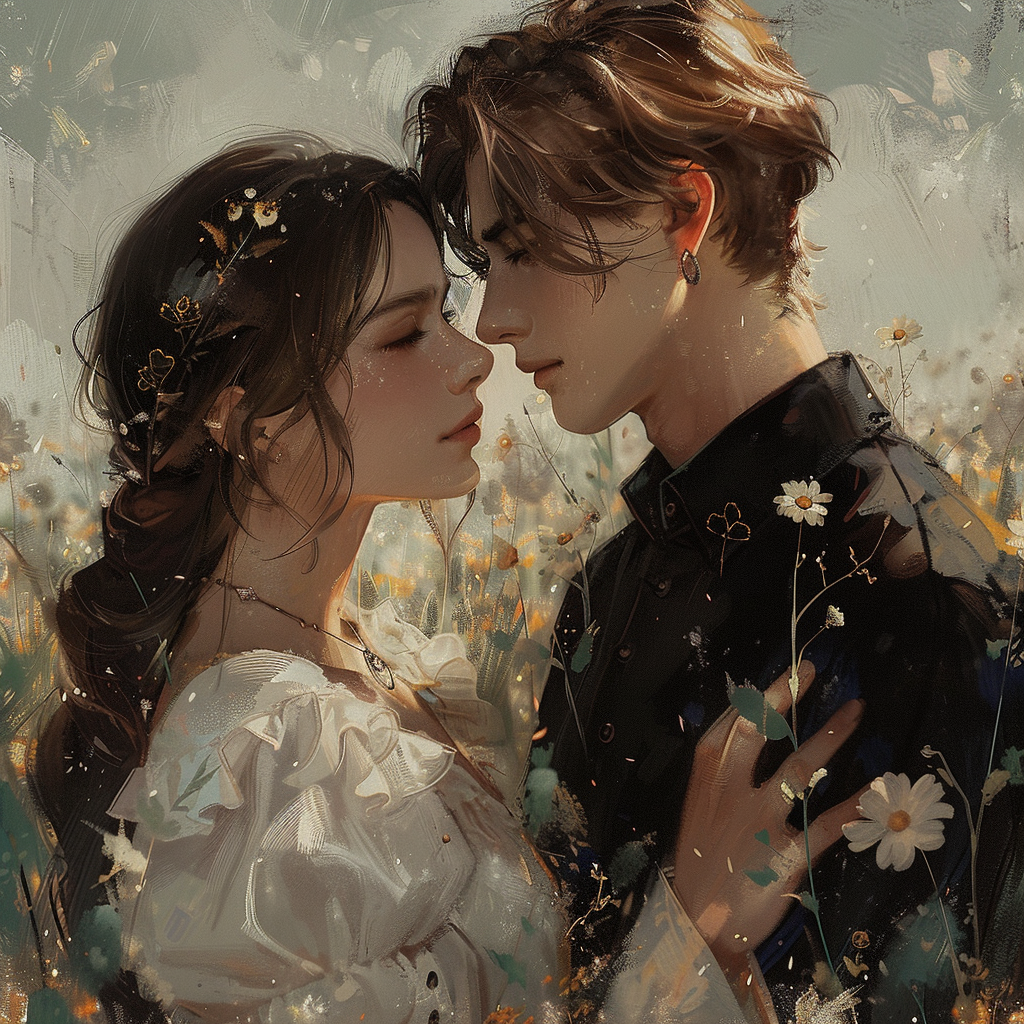 Illustration of a loving couple intimately gazing into each other’s eyes in a flower-filled field, embodying deep kinship and affection.