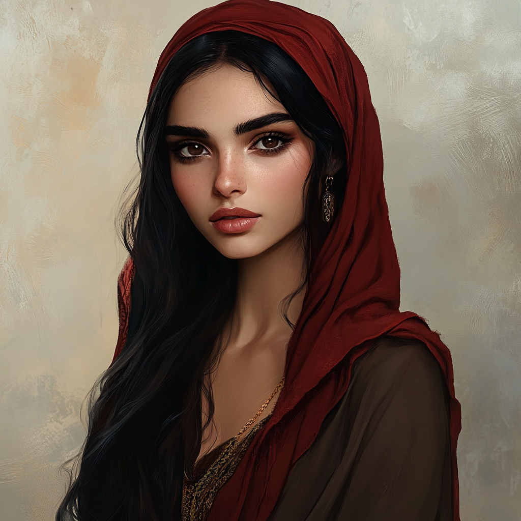 A slim, humanoid woman with long black hair, a full mouth, a small nose, and brown eyes. She wears a red head scarf and a long, flowing silky brown dress, giving her a vaguely Arabic appearance.