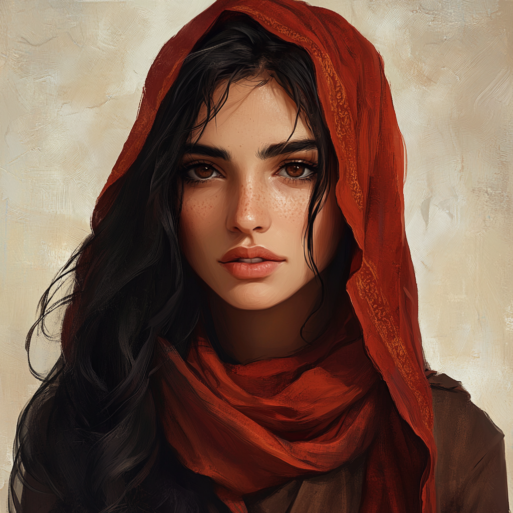 A slim, dark-haired woman with long waves of black hair, a full mouth, a small nose, and striking brown eyes. She wears a red head scarf and a flowing brown dress, giving her an Arabic-inspired appearance.