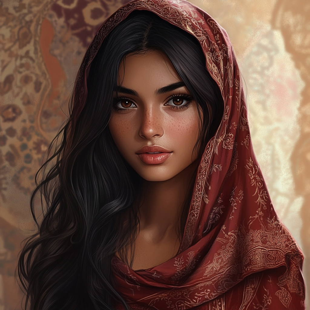 A slim, dark-haired woman with a full mouth, distinct nose, and brown eyes. She wears a red headscarf and a long silky dress, giving her a vaguely Arabic appearance.