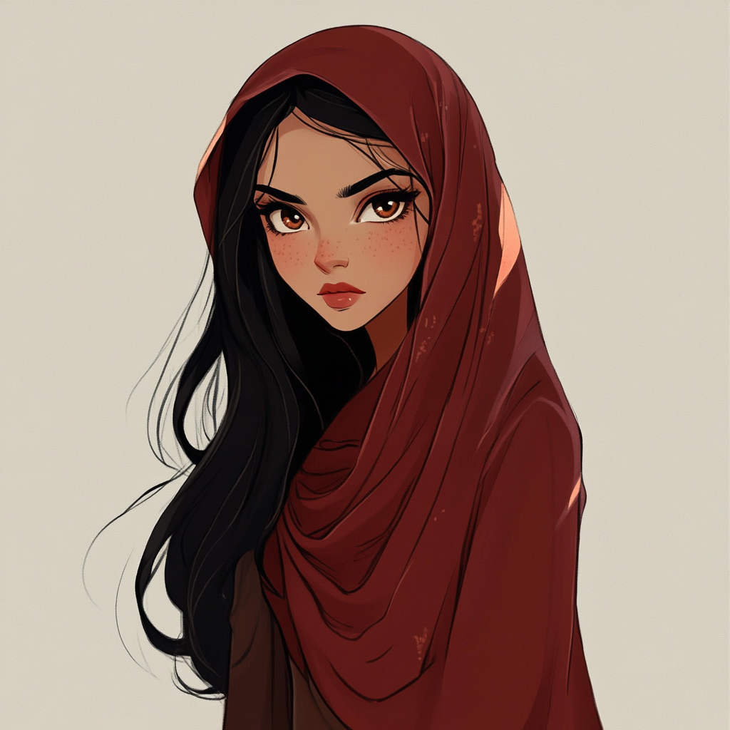 An illustration of a slim, darkish humanoid woman with long black hair, brown eyes, a full mouth, and an odd little nose, wearing a red headscarf and a flowing silky brown dress, looking vaguely Arabic.