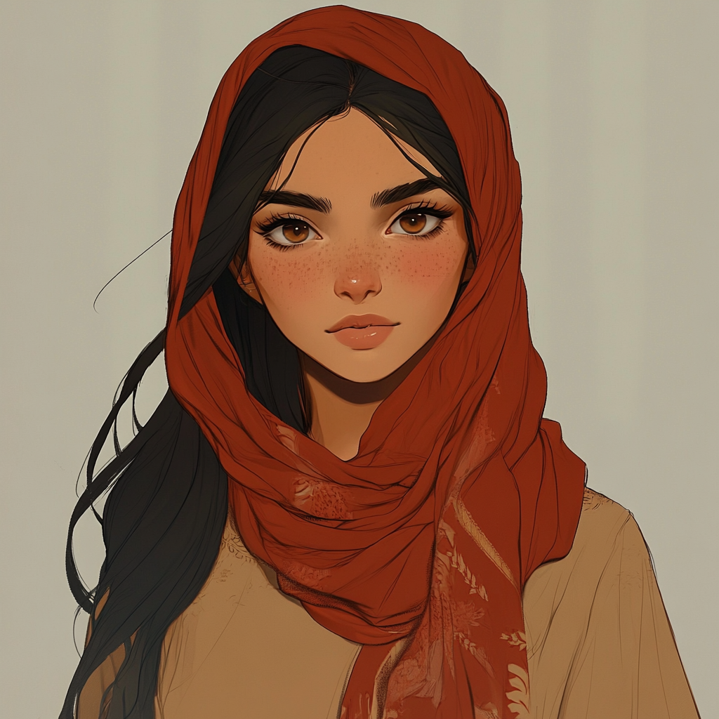 A slim, dark-haired woman with brown eyes, wearing a red headscarf and a long, silky brown dress. She has a full mouth and a small nose, giving her a vaguely Arabic appearance.