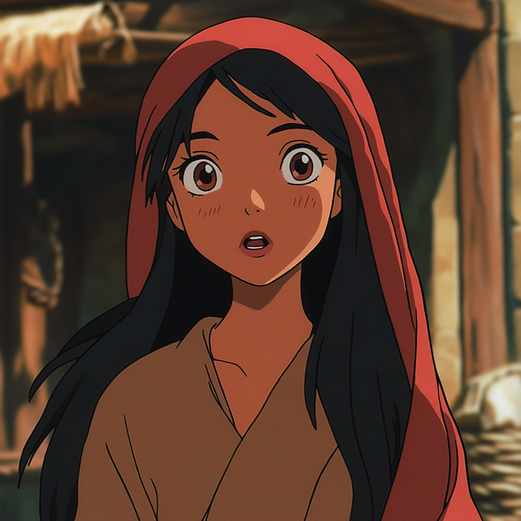 A slim, darkish, humanoid figure with long black hair, a full mouth, a small nose, and large brown eyes. She wears a red head scarf knotted and a flowing silky brown dress, evoking a vaguely Arabic appearance.