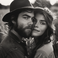 Black and white image of a close-embracing couple in a field, conveying deep emotional connection and intimacy, reminiscent of soulful kinship and love.