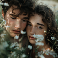 Young couple intimately nested among blooming flowers, their gaze and closeness embodying deep connection and love, evoking a sense of shared growth and kinship.